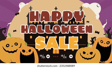 Happy Halloween Sale Ad Banner Template with Pumpkins and Ghosts (purple)