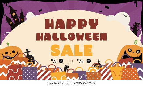 Happy Halloween Sale ad template with monsters and shopping bags (purple)