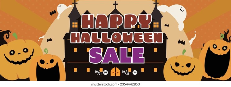 Happy Halloween Sale Ad Template with Pumpkins and Ghosts (orange)