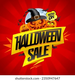 Happy Halloween sale, advertising Halloween banner vector mockup with holiday pumpkins, bats and moon