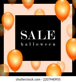 Happy Halloween sale background. Balloon transparent 3D, black, white, orange banner. Invitation design. Template frame for party, discount flyer. Holiday promotion poster concept. Vector illustration