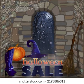 Happy Halloween sale background with broom and pumpkin. vector illustration