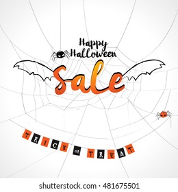 Happy Halloween sale background with flying sale bat wings on spider web with trick or treat wording