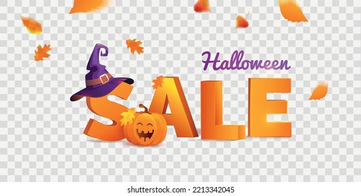 Happy Halloween Sale Background with Laughing pumpkin, Big 3d letters Sale and falling autumn leaves. Vector illustration. Transparent background