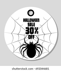 Happy Halloween sale background. Nightmare spider monster in web. Design for concept banner, poster, label or sticker. Cartoon style. Vector illustration.