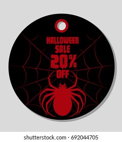 Happy Halloween sale background. Nightmare spider monster in web. Design for concept banner, poster, label or sticker. Cartoon style. Vector illustration.