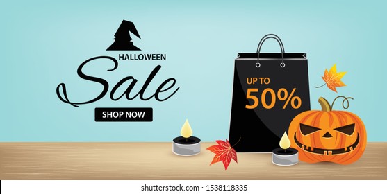 Happy Halloween. Halloween sale banner background. 
 Vector illustration.