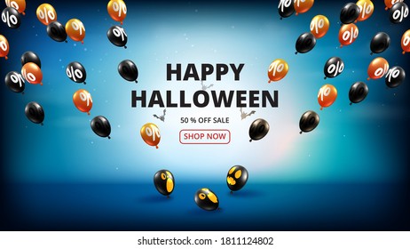 Happy Halloween sale banner background paper cut style.Spooky night with flying balloons.