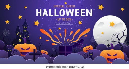 Happy Halloween sale banner background with night clouds, pumpkins, cat, haunted house, gift box, tree, tomb, star, spiders web and full moon in paper cut style. Vector illustration.