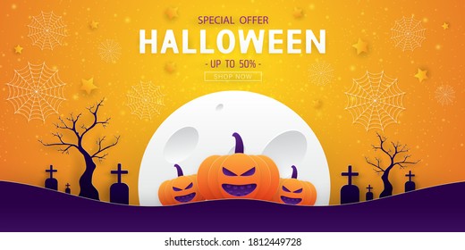 Happy Halloween sale banner background with pumpkins, tree, tomb, star, spiders web, and full moon in paper cut style. Vector illustration.