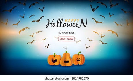 Happy halloween sale banner background template paper cut style.Spooky night with halloween pumpkins and flying bats on dark blue sky.