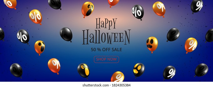 Happy Halloween sale banner background paper cut style.Halloween ghost balloons flying on blue background.