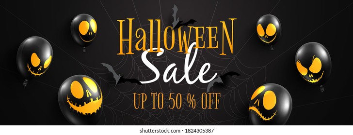 Happy halloween sale banner background template.Black halloween balloons and flying bats on black background paper cut style.