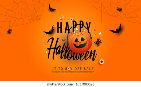 Happy halloween sale banner background. Halloween pumpkins and flying bats on orange background