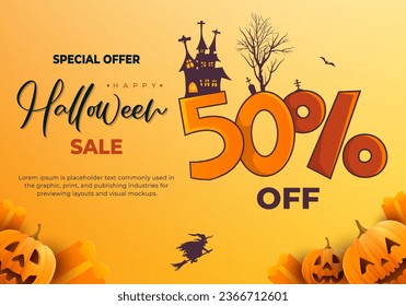 Happy halloween sale banner background with haunted house realistic pumpkins and illustration of text 50%