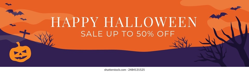 Happy Halloween sale banner background color orange. halloween pumpkin, grave and trees, vector illustration