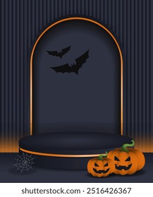 Happy Halloween sale banner background with 3d spooky pumpkins, podium with copy space area illustration