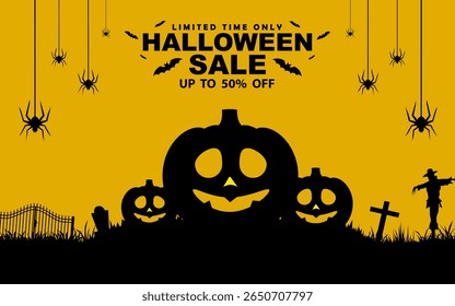 Happy Halloween sale banner background with bats and pumpkins. Can be used for banners, posters, vouchers, offers, coupons, holiday sales.