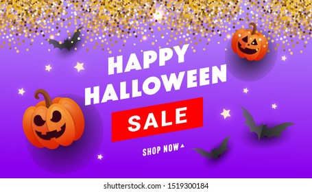 Happy Halloween sale banner with bat, ghost balls, gold glitter serpentine on a lilac background. Template for greeting card, brochure or poster.