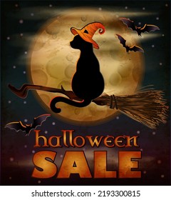 Happy Halloween sale banner with cat and moon, vector illustration