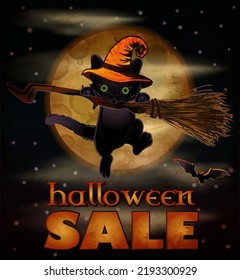 Happy Halloween sale banner with cat and moon. vector illustration