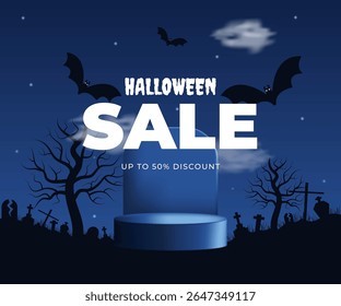 Feliz Halloween venda banner clipart projeto de fundo. Venda especial oferta 50 por cento desconto para modelo de temporada de férias com pódio morcegos árvores cemitério plano fundo preto azul escuro. Vetor