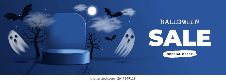 Happy Halloween sale banner clipart background design. Special offer for holiday season template with podium flying ghosts moon bats clouds trees flat style dark blue background. Vector illustration