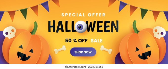 Happy halloween sale banner. Cute paper pumpkins with skull and bone on yellow background. Horizontal design. 