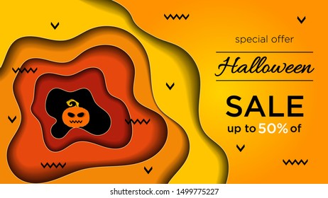 Happy Halloween sale banner or discount background with paper cut effect. Pumpkins in paper cut style. Vector illustration. Special offer saleing -50% on orange gradient background