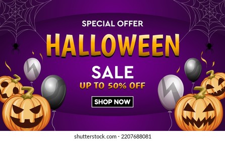 Happy Halloween sale banner with Halloween elements. Vector illustration for poster, banner, discount, special offer.