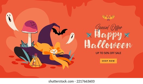 Happy Halloween sale banner with Halloween elements. Witch hat, potion bottle, ghost, batsand mushroom. Vector illustration for poster, card, flyer, special offer
