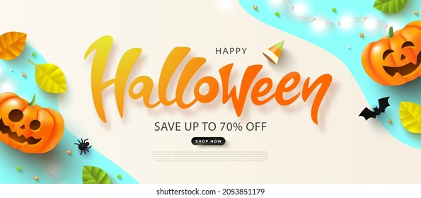 Happy Halloween sale banner with festive pumpkin, spider, bat, glowing garland and autumn leaves.Flyer or invitation template for Halloween party. Vector illustration