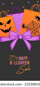 Happy Halloween sale banner, flyer on grey background with halloween bag, bow, spiders, web, sign percent.