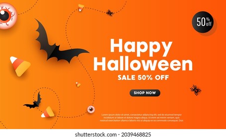 Happy halloween sale banner holiday concept. Halloween decorations, spiders, candy, bats on orange background.