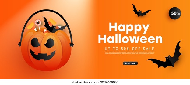 Happy halloween sale banner holiday concept. Halloween decorations, evil pumpkin,candy, bats on orange background.