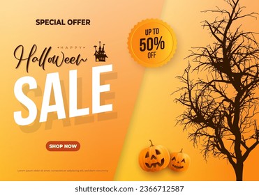 Happy halloween sale banner illustration with creepy dead tree and pumpkins. Sale discount label