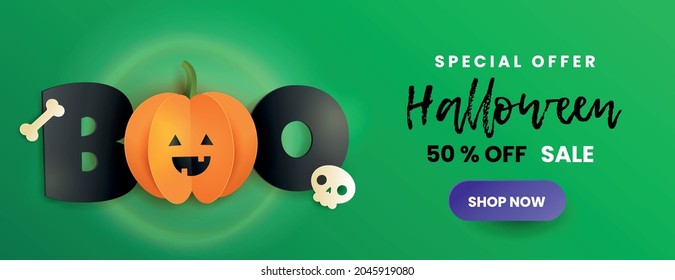 Happy Halloween sale banner. Inscription boo, skull , bone and pumpkin in paper cut style. Funny paper pumpkin with black letters on green background. 