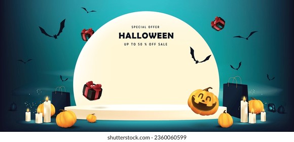 Feliz venta de Halloween banner escena de la noche de luna con exhibición de productos y espacio para copiar