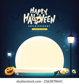 Feliz venta de Halloween banner escena de la noche de luna con exhibición de productos y espacio para copiar