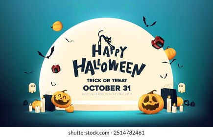 Happy Halloween sale banner moon night scene with product display and halloween pumpkin smiley face festive decoration for Trick or Treat Celebrations, Holiday Parties.