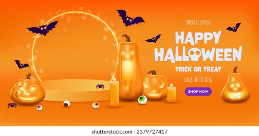 Happy Halloween sale banner. Orange festive banner with 3d spooky glowing pumpkins, candy eyes, paper bats and spider.  Vector illustration. Happy Halloween holiday banner.