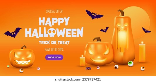 Happy Halloween sale banner. Orange festive banner with 3d spooky glowing pumpkins, candy eyes, paper bats and spider.  Vector illustration. Happy Halloween holiday banner.