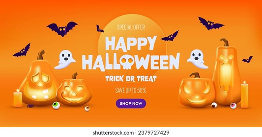 Happy Halloween sale banner. Orange festive banner with 3d spooky glowing pumpkins, candy eyes, paper bats and spider.  Vector illustration. Happy Halloween holiday banner.