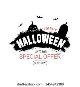 Happy Halloween sale banner or party invitation with pumpkin,cemetery,spiders,bats