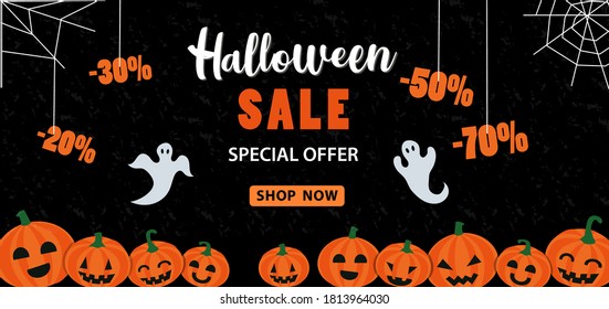 Happy Halloween sale banner or party invitation background.Vector illustration with calligraphy 