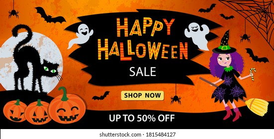 Happy Halloween sale banner or party invitation background.Vector illustration with calligraphy 
