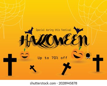 Happy Halloween sale banner or party invitation background. .calligraphy vector illustration of "Halloween" discount labels, pumpkin ghosts, spiders, spider webs, crosses.