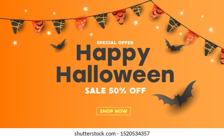 Happy Halloween sale banner with pumpkins, stars, colored garlands and striped candy and bats on orange background Special seasonal offer.