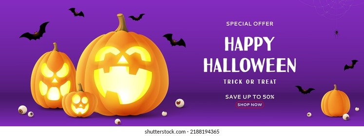 Happy Halloween sale banner. Purple festive banner with 3d spooky glowing pumpkins, candy eyes, paper bats and spider on web. Vector illustration. Happy Halloween holiday banner.