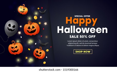 Happy halloween sale banner with scary orange pumpkin face, gold coins, balloons and golden glitter elements on dark background. Template for greeting card, brochure or poster.